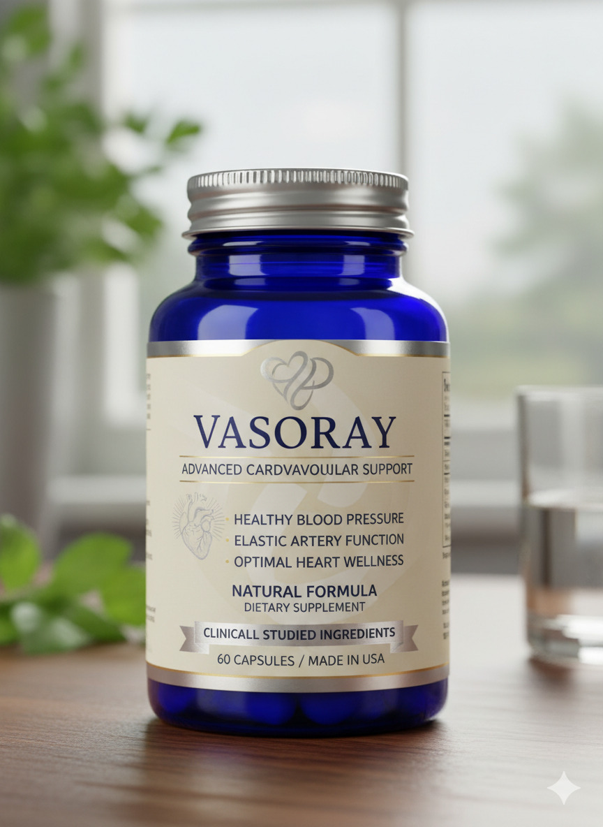 Vasoray supplement bottle on a neutral surface